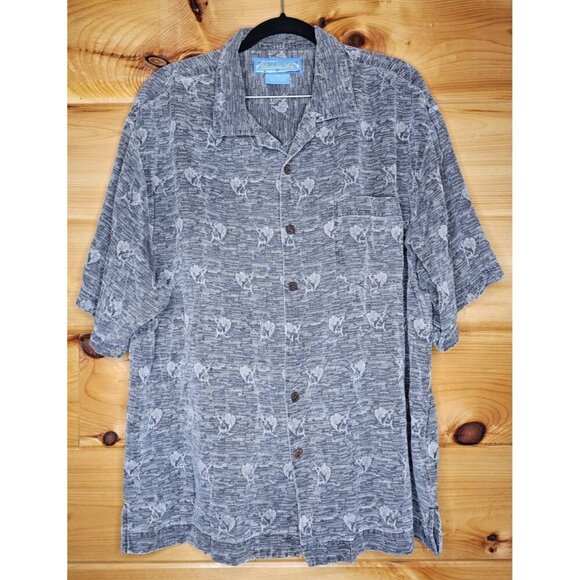 Bermuda Bay Fishing Theme Men's Shirt GRAY Size L 100% Silk - Picture 1 of 12
